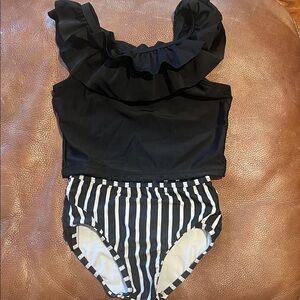 Ruffle Butts Black and White Striped Kids Bikini